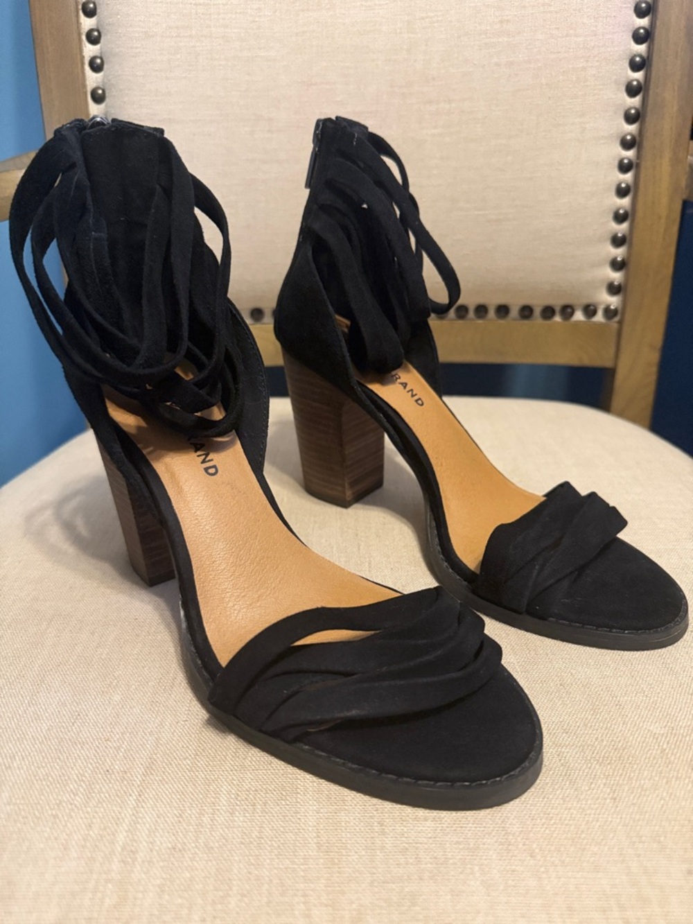 Lucky Brand Black Suede “Lakisha” Wrap-Ankle Block Heel Sandals, Size 8M